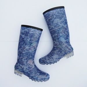Blue Lace Rain Boots, Size 10, New w/ Box